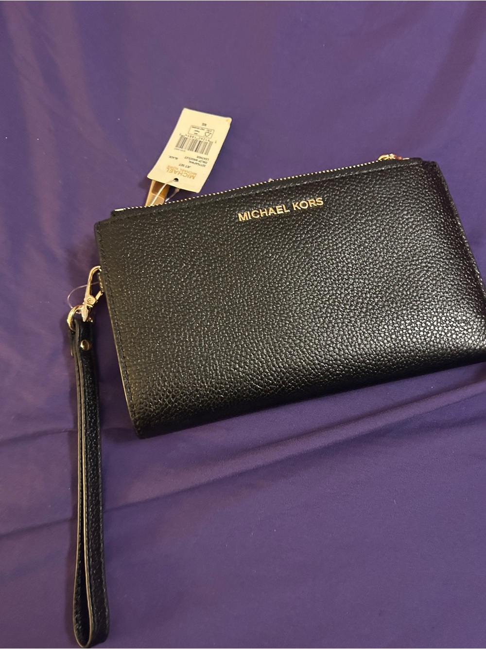 Michael Kors Black Pebbled Leather Wristlet Clutch with Gold Logo